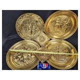 4 brass round wall hanging plates and 2 square