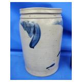 Blue decorated stoneware crock.   Has old chip in