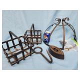 2 vintage metal baskets, sadiron, hook and