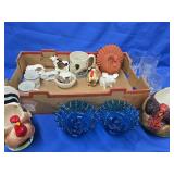 Lot- 2 blue hobnail candlesyicks, Turkey pitcher,