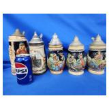5 stoneware beer Steins.   Made in Germany.
