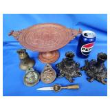 Cast iron compote w/ Roman scene,  pair cast