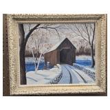 Painting on artist board Cover bridge snow scene