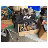 3 Boxes of books, VCR tape player, camouflage