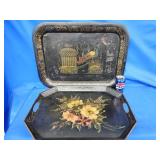 2 large toleware trays.  Peacock tray 24" L and