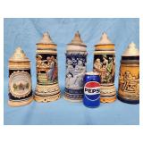 5 stoneware beer Steins.   Made in Germany.