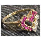 10K Gold Ring with Rubys and Diamond Chips look