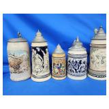 5 stoneware beer Steins.  Made in Germany.