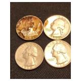4 Silver US quarters.   Various ages and