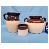 3 pcs stoneware.  Bean pot. Pitcher and small