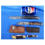 4 knives.  L.L. Bean pocket knife, Kabar fixed