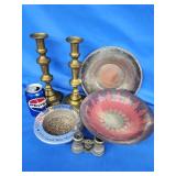 Pair brass pushup candlesticks,  brass and Enamel