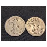 2 Walking Liberty Silver Half Dollar coins.