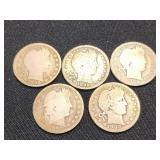 5 Silver Barber quarters.  1896, 1898, 1889. 1900