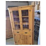 Pine Corner Cabinet 2 glass doors over drawer
