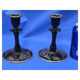 Pair Black Amethyst Glass Candlesticks with