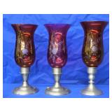 3 Pewter candlesticks with etched glass cranberry