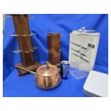Copper pan, and 4 Jewelry Displays - 1 acrylic,