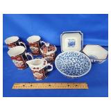 3 Imari cups, Imari creamer and sugar and 3 blue