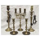 5 Brass Candlesticks Lot - one 3 light Candelabra