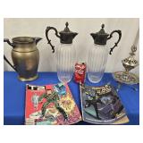 Lot- plated pitcher , 2 glass with plate tops