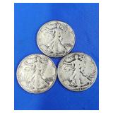 3 Silver Walking Liberty half dollar coins.  1942