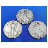 3 Walking Liberty Silver Half dollar coins.