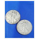 2 Walking Liberty Silver Half dollar coins.  1947