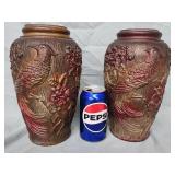 Pair Goofus Glass vases.  10" H.  Peafowl cherry