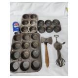Vintage tenderizer,  Ladd beater and 3 tin muffin