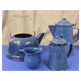 4 pieces Blue Enamelware  2 Coffee pots  with