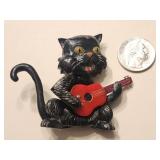 Brad Elfrink carved pin Cat playing Guiter with