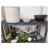 Cracked crock, oil lamps, handled basket, Goebel