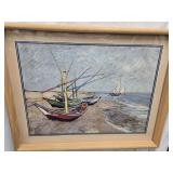 Fishing Boats on Beach,  MCM framed Van Gogh
