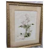 Needlework Silk Embroidery White Roses framed,