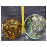 2 Vintage Bubbly Glass Paperweights,  4" and 4.5"