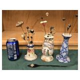 24 Hatpins and 3 porcelain hatpin holders look at