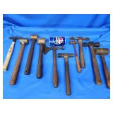 10 vintage hammers.  3 Brass hammers, scaffolding