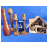 Pair of wood turned candle sticks signedvand