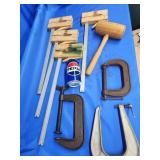 4 German Klemmsia clamps, wood mallet and 3 metal