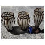 3 rustic ribbed glass and metal vases / Planters.