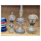 3 Miniature Glass  Oil Lamps - 2 with Ball shades