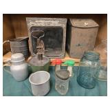 Vintage Kitchen Lot - tin Biscuit Box with glass