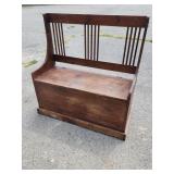 Pine bench seat with lift seat.  Rod back. 40' H