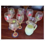 Set of Painted Wine Glases & Pitcher