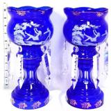 Pair blue mantle lustres with glass prisms