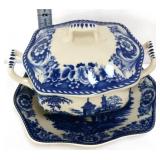 Blue transfer tureen with underplate