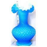 Fenton blue cased glass hobnail vase