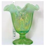 Fenton green iridescent dancing ladies vase, glow