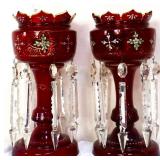 Pair red bohemian mantle lustres w glass prisms